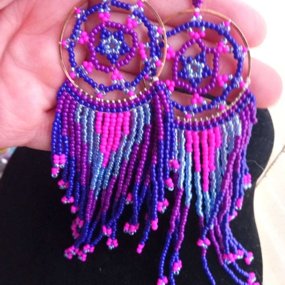 Boho seed beads earrings.  Pink/Purple. Hook Dangle Drop. Handmade